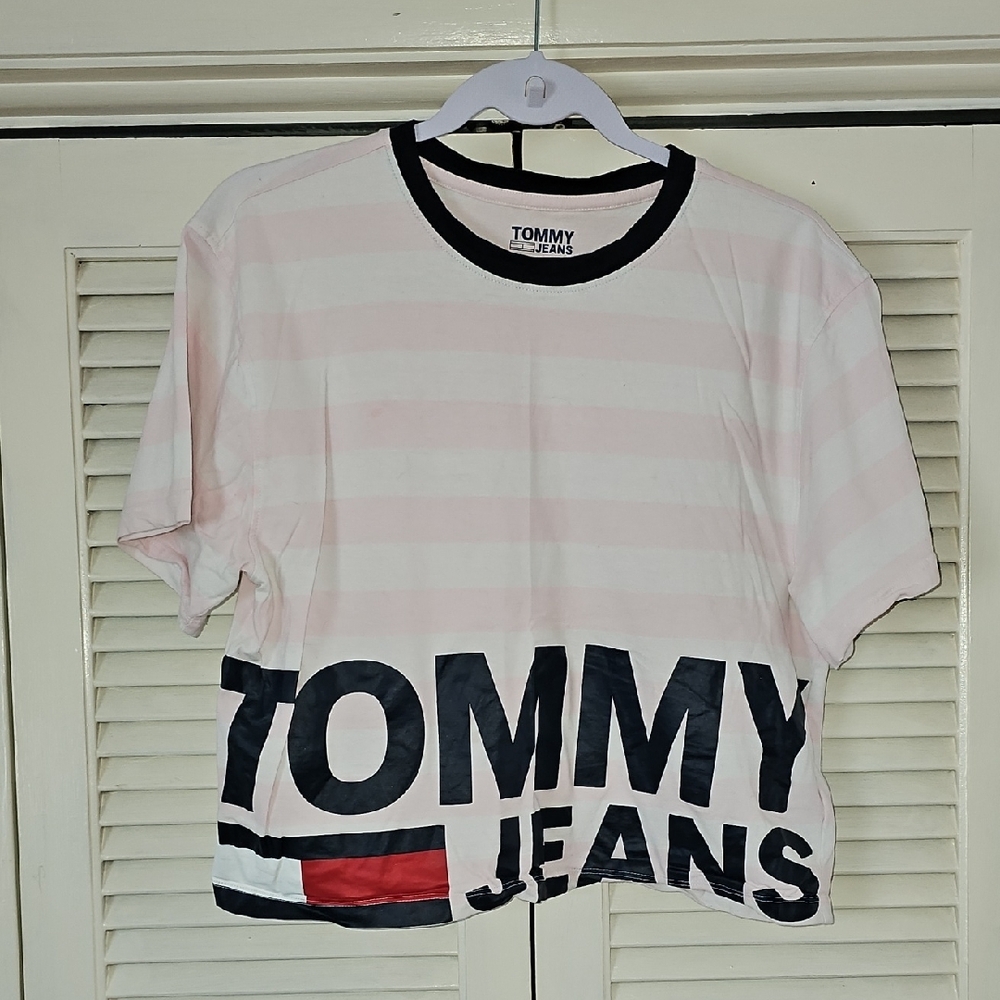 Tommy Hilfiger Pink and White Striped T-Shirt